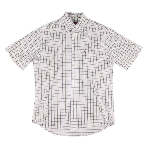 Vtg Y2K TOMMY HILFIGER Men's S Red White Blue Check Short Slv Button Down Shirt - Picture 1 of 5